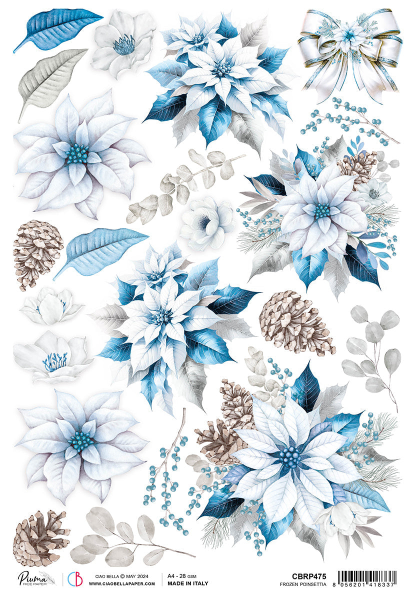Papier de riz A4 Poinsettia givré - 5 feuilles