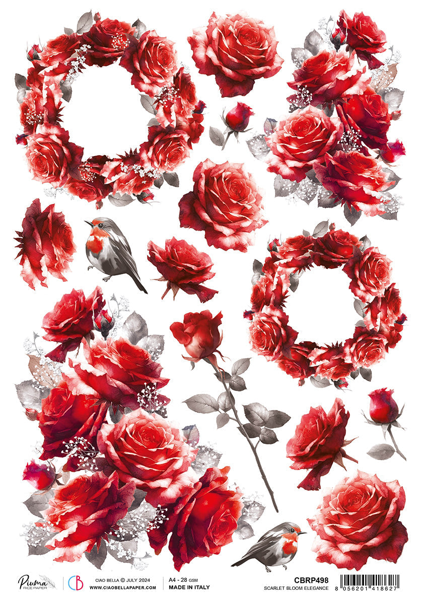 Papier de riz A4 Élégance Fleur Écarlate - 5 feuilles