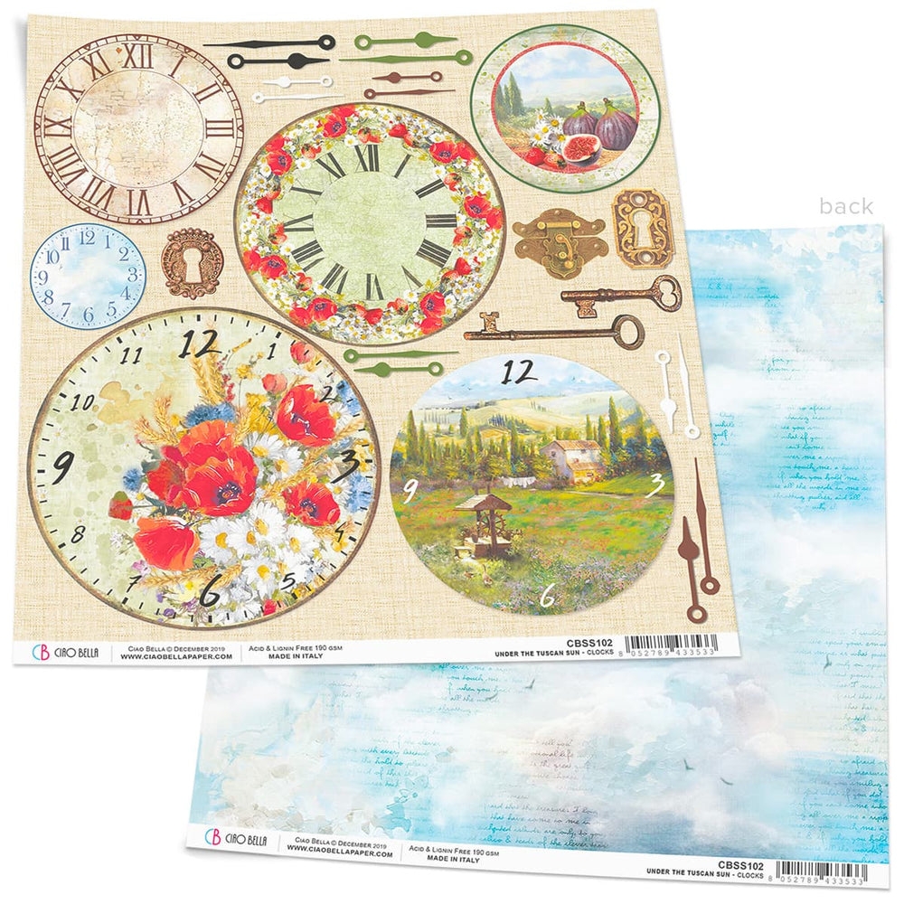 Ciao Bella Tuscan Clocks Paper Sheet 12"x12" 1 Sheet — Ecstasy Crafts