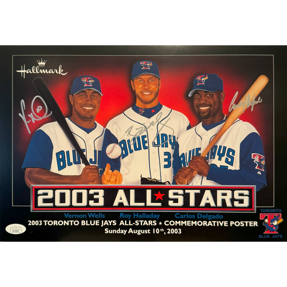 Vernon Wells, Roy Halladay & Carlos Delgado - Affiche autographiée des Blue Jays de Toronto (AL All Stars 2003) 10x14