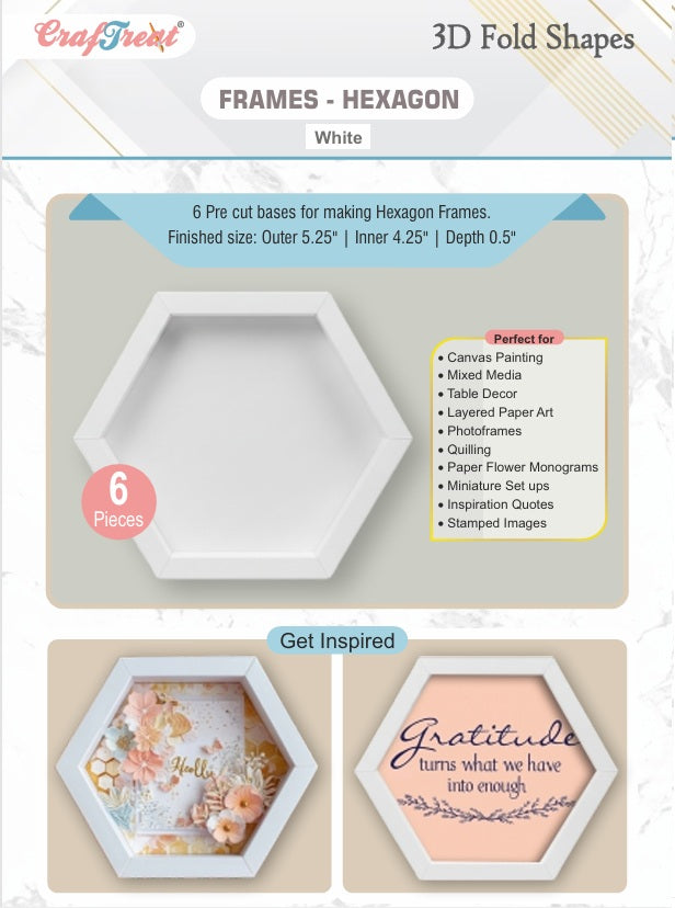 CrafTreat Formes Pliées 3D - Cadres Blancs - Hexagone 6 pièces