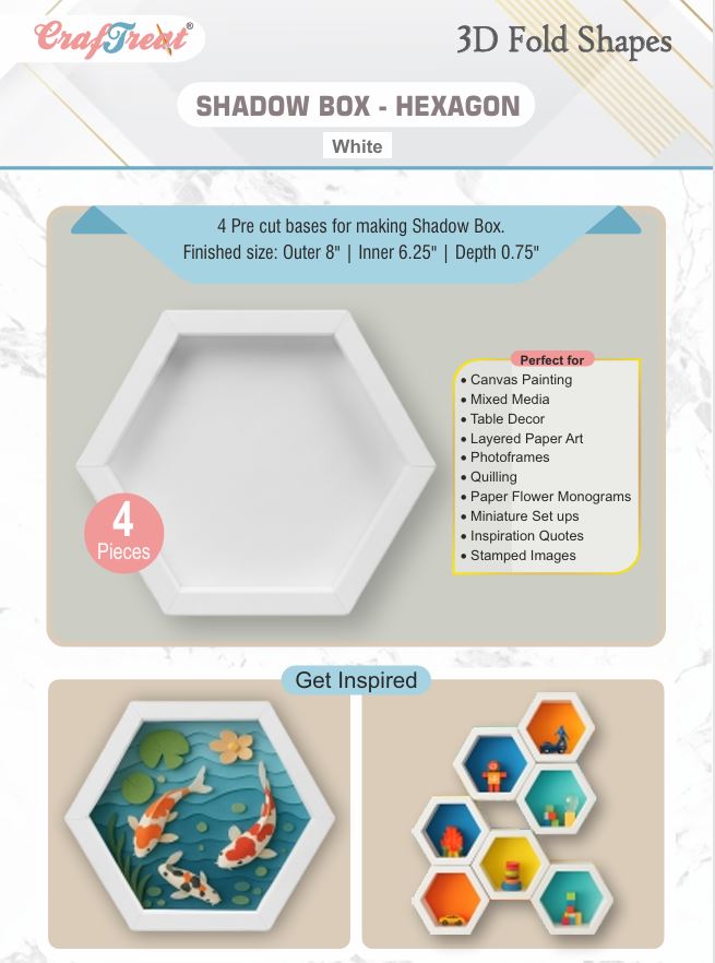 Formes pliables 3D CrafTreat - Boîte ombre blanche - Hexagone 4 pièces