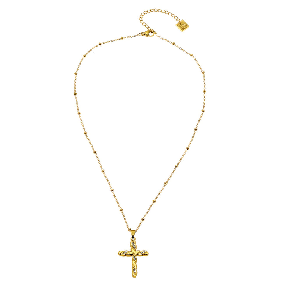 CHAMONIX Or : Collier délicat à chaîne perlée avec pendentif croix texturé incrusté de zircone