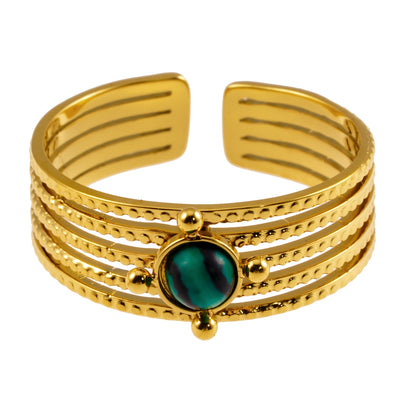 CHARMA : Bague 5 Cercles Gravés avec Centre en Malachite