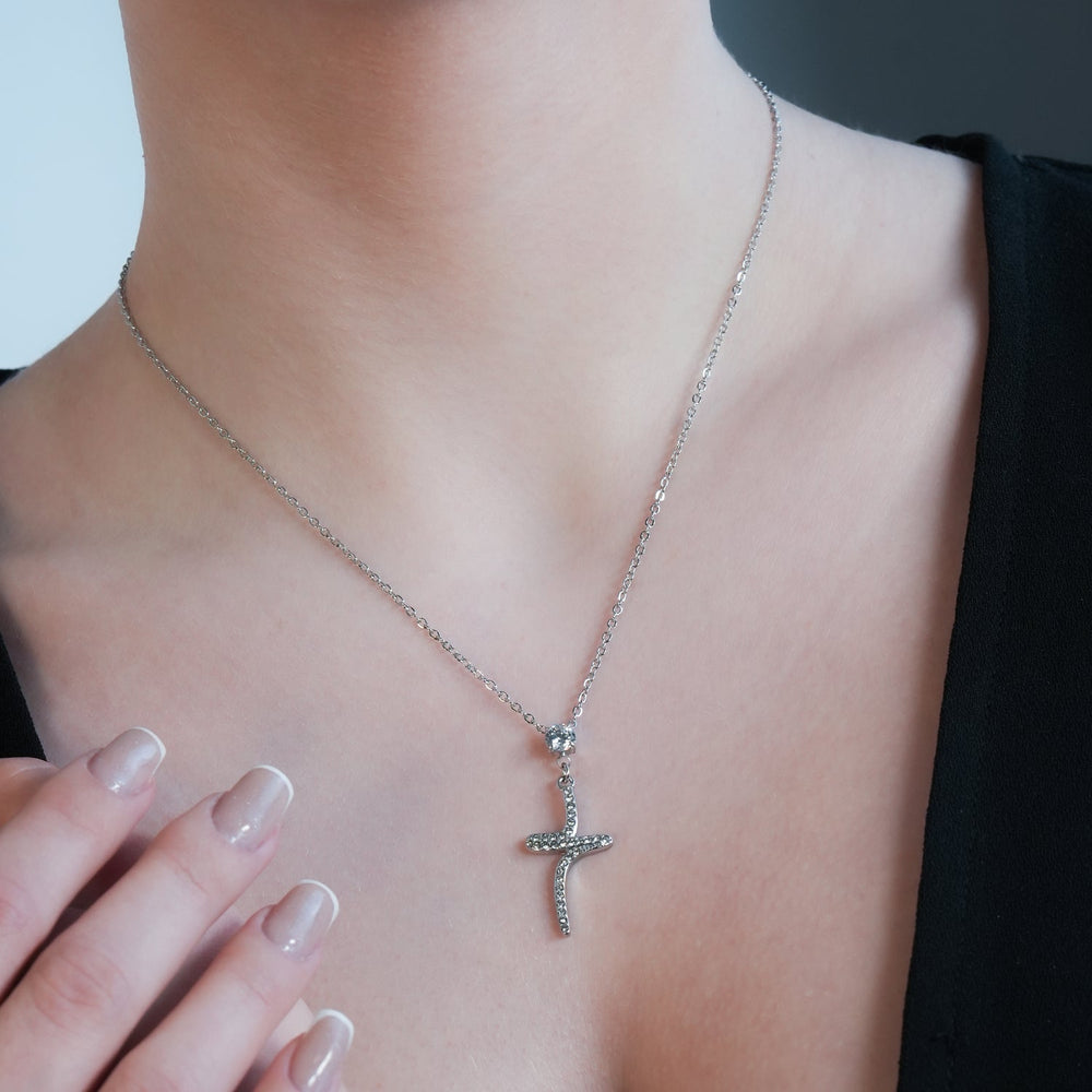 CRISTO Argent (Or Blanc) : Collier délicat avec pendentif croix texturé abstrait incrusté de zircone