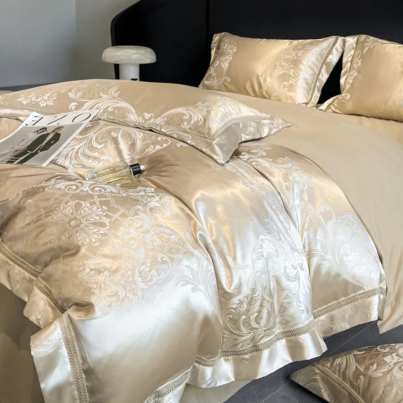 Ensemble de couette de luxe Celestia en satin jacquard - Ivoire/Gris pâle/Rose