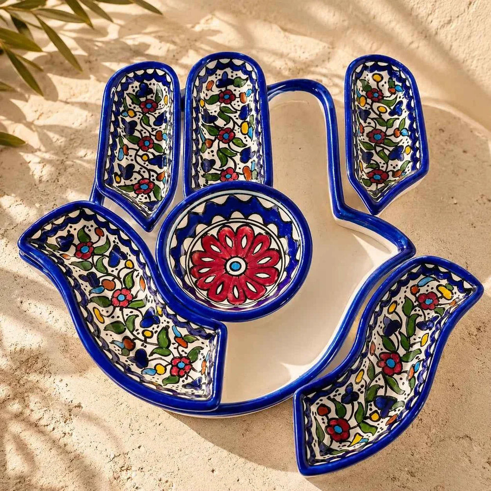 Plateau à collations en céramique palestinienne fait à la main – Plateau à noix à compartiments multiples 32 × 32 × 10 cm