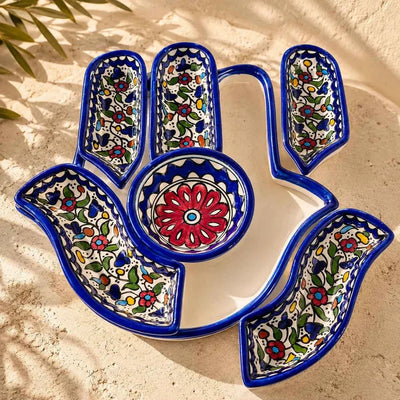 Plateau à collations en céramique palestinienne fait à la main – Plateau à noix à compartiments multiples 32 × 32 × 10 cm