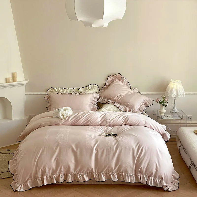 Ensemble de couette élégant Château Ruffle en coton égyptien 1000 TC - Ivoire/Rose