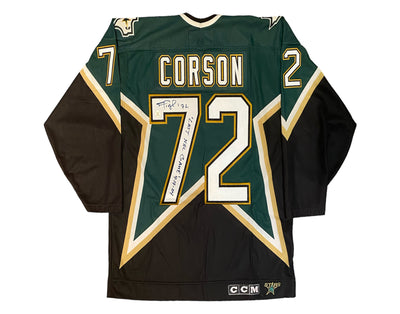 Maillot réplique CCM domicile des Stars de Dallas, autographié par Shayne Corson, avec l'inscription « Last NHL Game 4-14-04 »