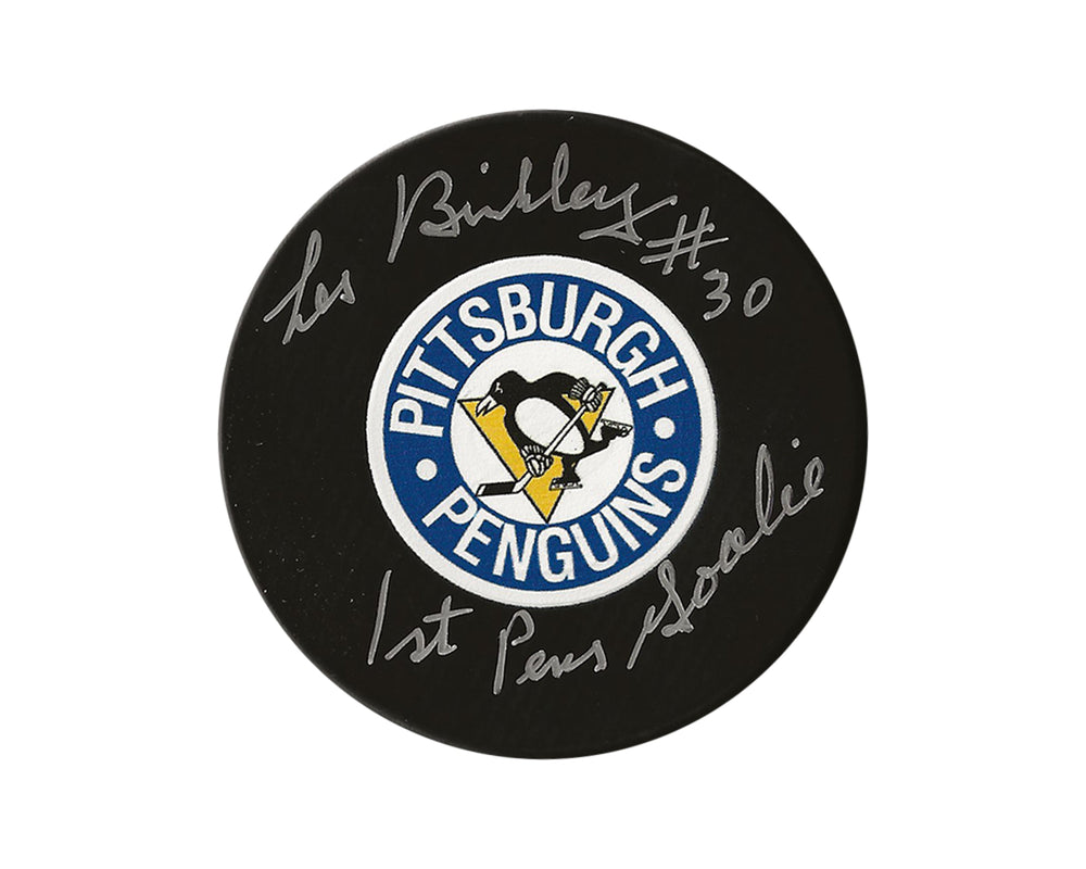 Palet de hockey rétro autographié par Les Binkley des Penguins de Pittsburgh, dédicacé "1st Pens Goalie"
