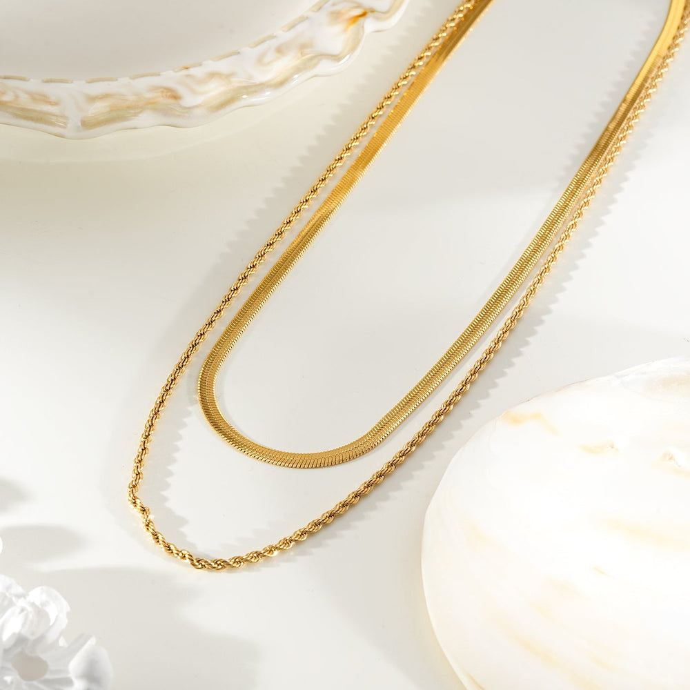 FAWZIA Or : Collier à 2 rangs, chaîne serpent plate et chaîne corde