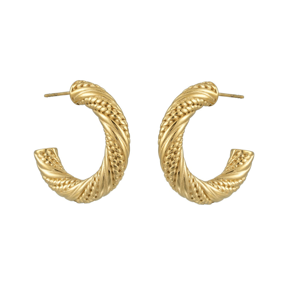 GULIID Or : Boucles d'oreilles créoles mi-larges texturées vintage avec fines lignes et motif corde