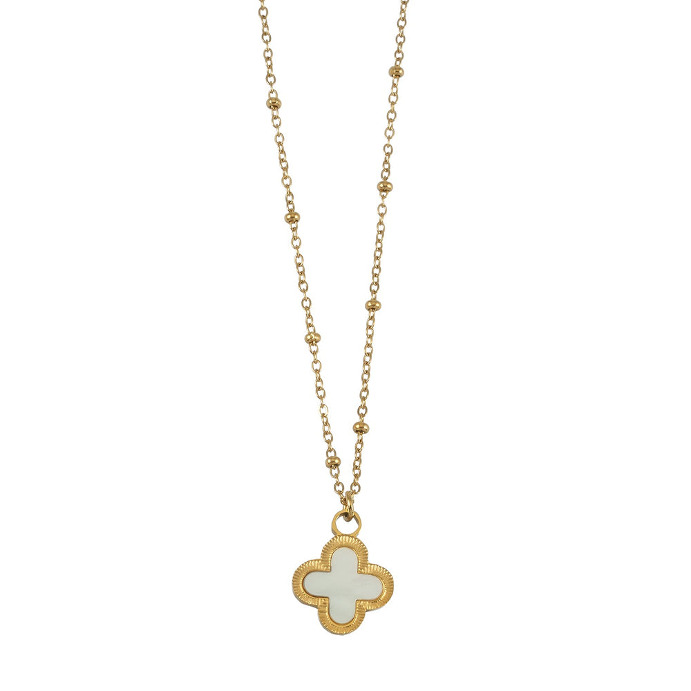 LULLA Or : Collier à chaîne perlée avec pendentif trèfle en nacre naturelle