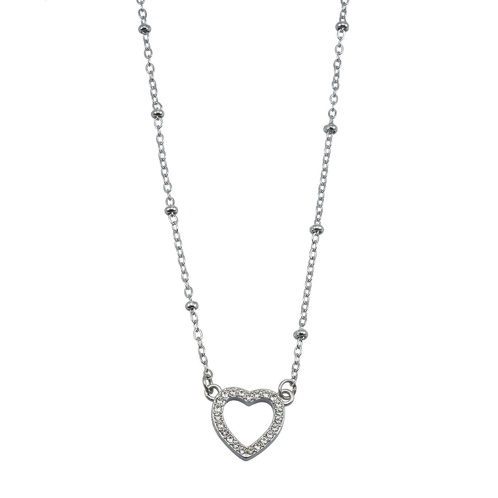 CHERISH Argent (Or Blanc) : Chaîne perlée rehaussant un élégant pendentif cœur pavé