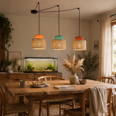 Suspension DUO Jute Réglable 3 Lumières pour Table de Salle à Manger et Îlot de Cuisine