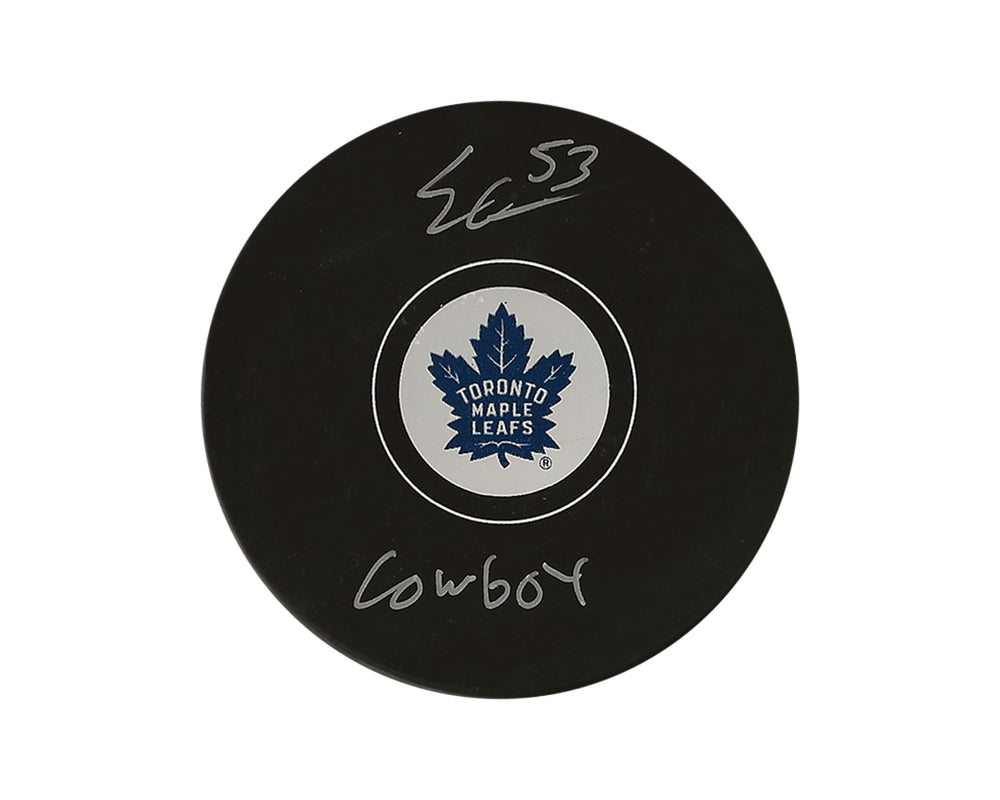 Rondelle de hockey modèle autographiée Easton Cowan des Maple Leafs de Toronto, avec l'inscription « Cowboy »