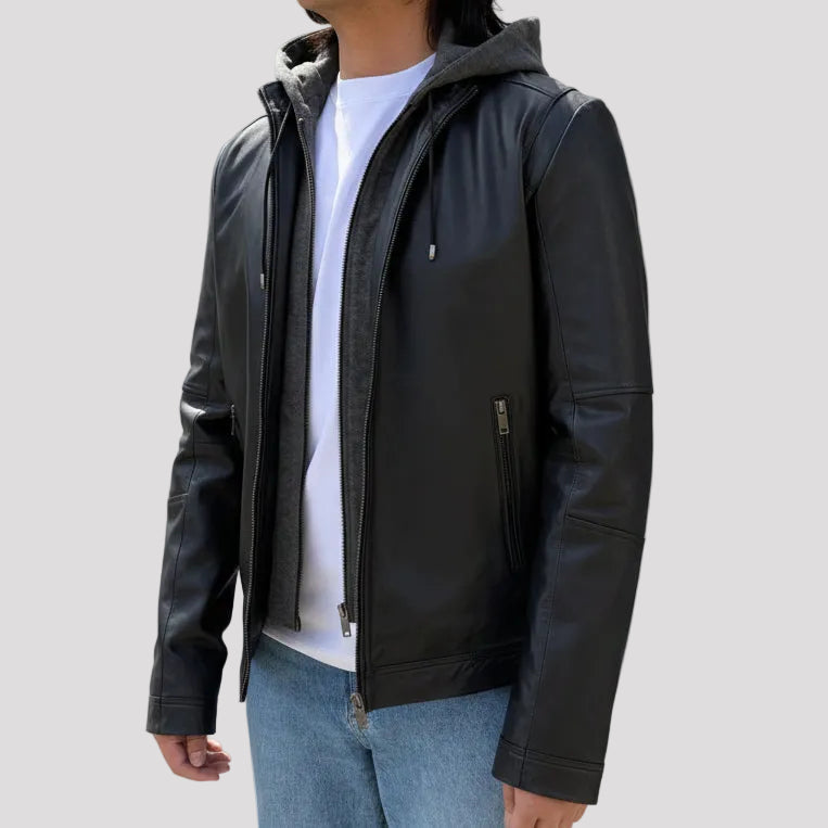 Blouson à capuche pour homme en cuir d'agneau avec capuche amovible