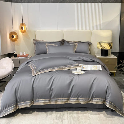 Ensemble de housse de couette brodé Royal Retreat avec bordure dorée 1000 TC - Gris