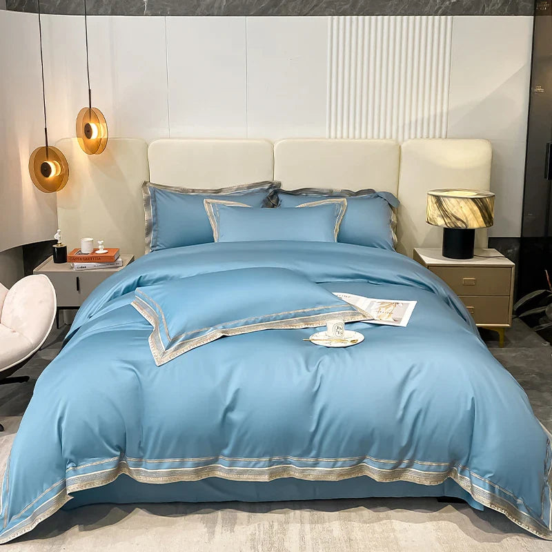 Ensemble de housse de couette Royal Retreat brodé avec liseré doré, 1000 TC - Bleu doux