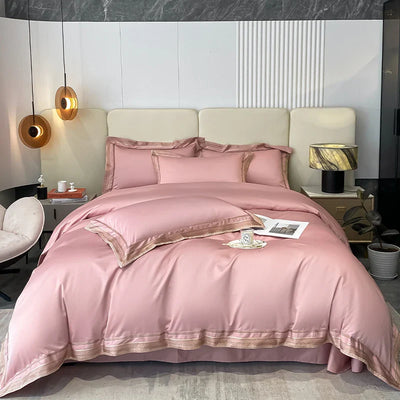 Ensemble de housse de couette brodé 1000 fils Retraite Royale, bordure dorée - Blush