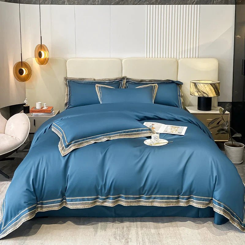 Ensemble de housse de couette brodé 1000 TC Retraite Royale à bordure dorée - Bleu Nuit