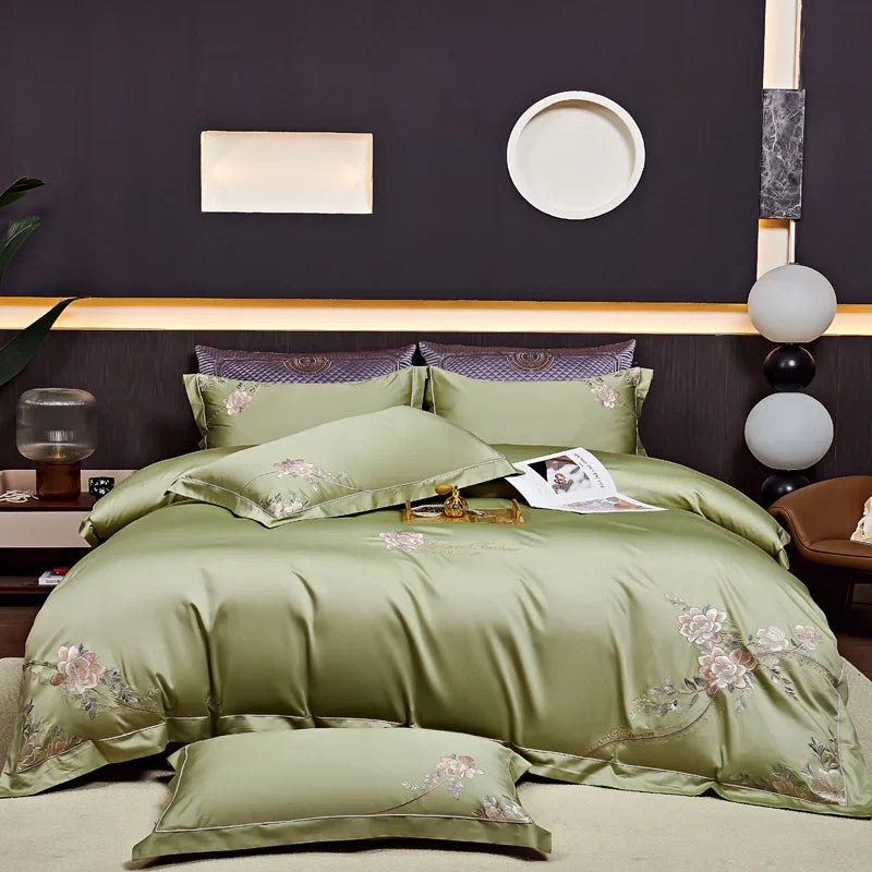Ensemble de couette Eternal Bloom 1000 TC en coton égyptien brodé - Vert jade/Rose poudré/Bleu acier