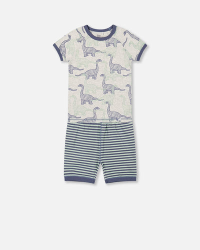 Pyjama court deux pièces en coton biologique, motif dinosaures, couleur beige chiné