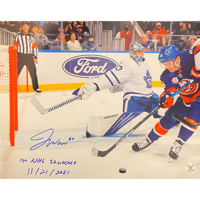 Joseph Woll Toronto Maple Leafs Photo autographiée 11x14 – Inscription « 1er blanchissage LNH 21/11/2021 »