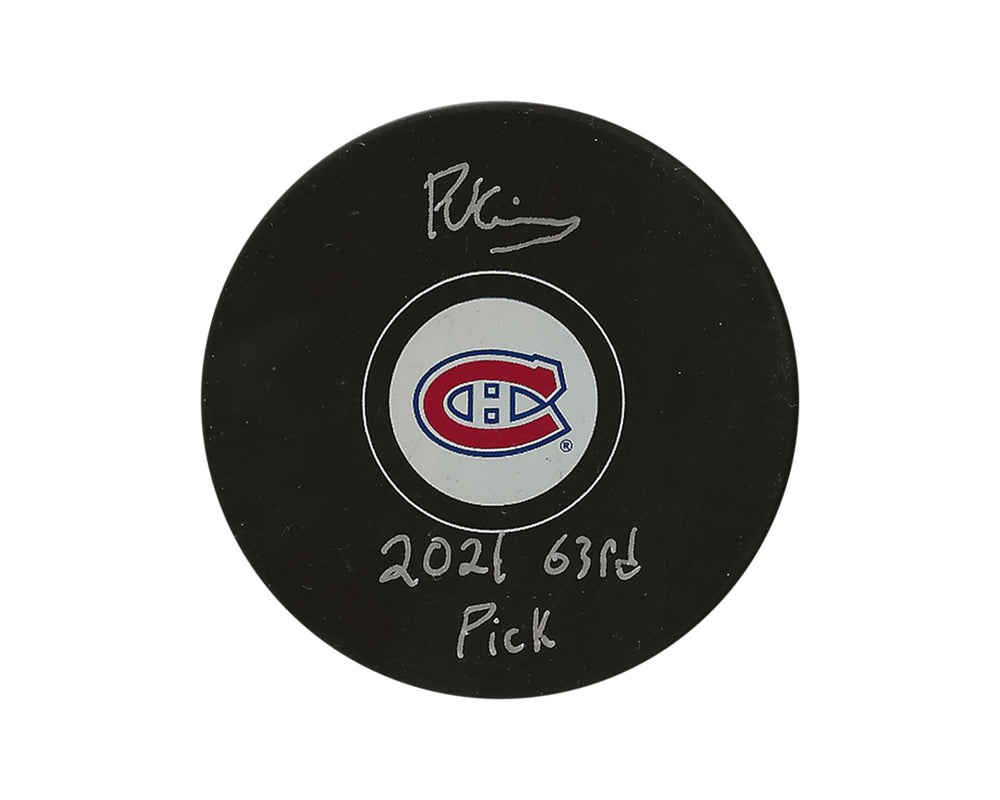 Palet de hockey autographié de Riley Kidney des Canadiens de Montréal, modèle autographié, inscrit « 2021 63e choix »