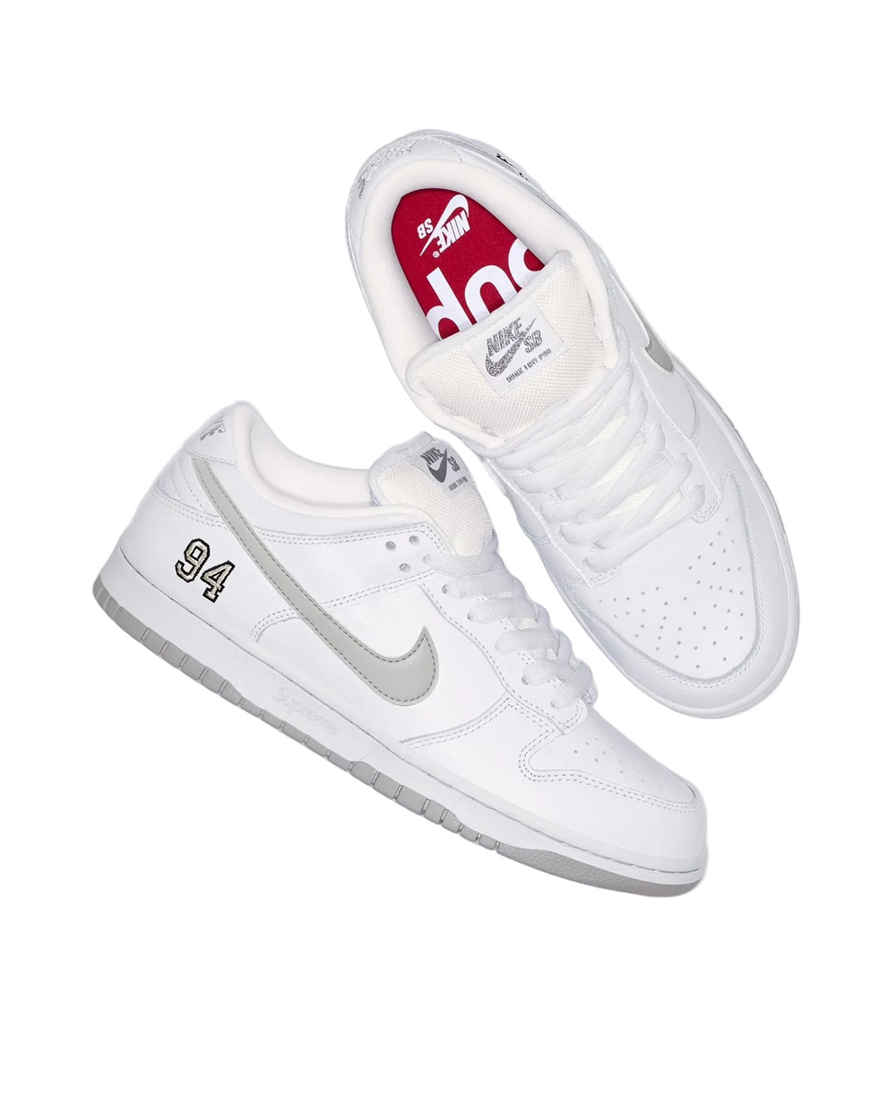 Supreme x Nike SB 'Dunk Low 94' Shoes - White/Metallic Silver