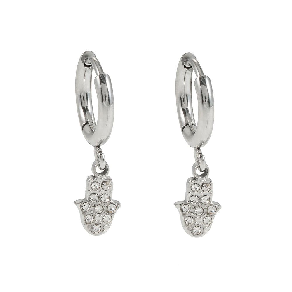 FATIMA Or Blanc (Ton Argenté) : Mini Créoles Pavées de Zirconia (CZ) avec Breloque Main de Fatima – Le Mélange Parfait de Style et de Protection