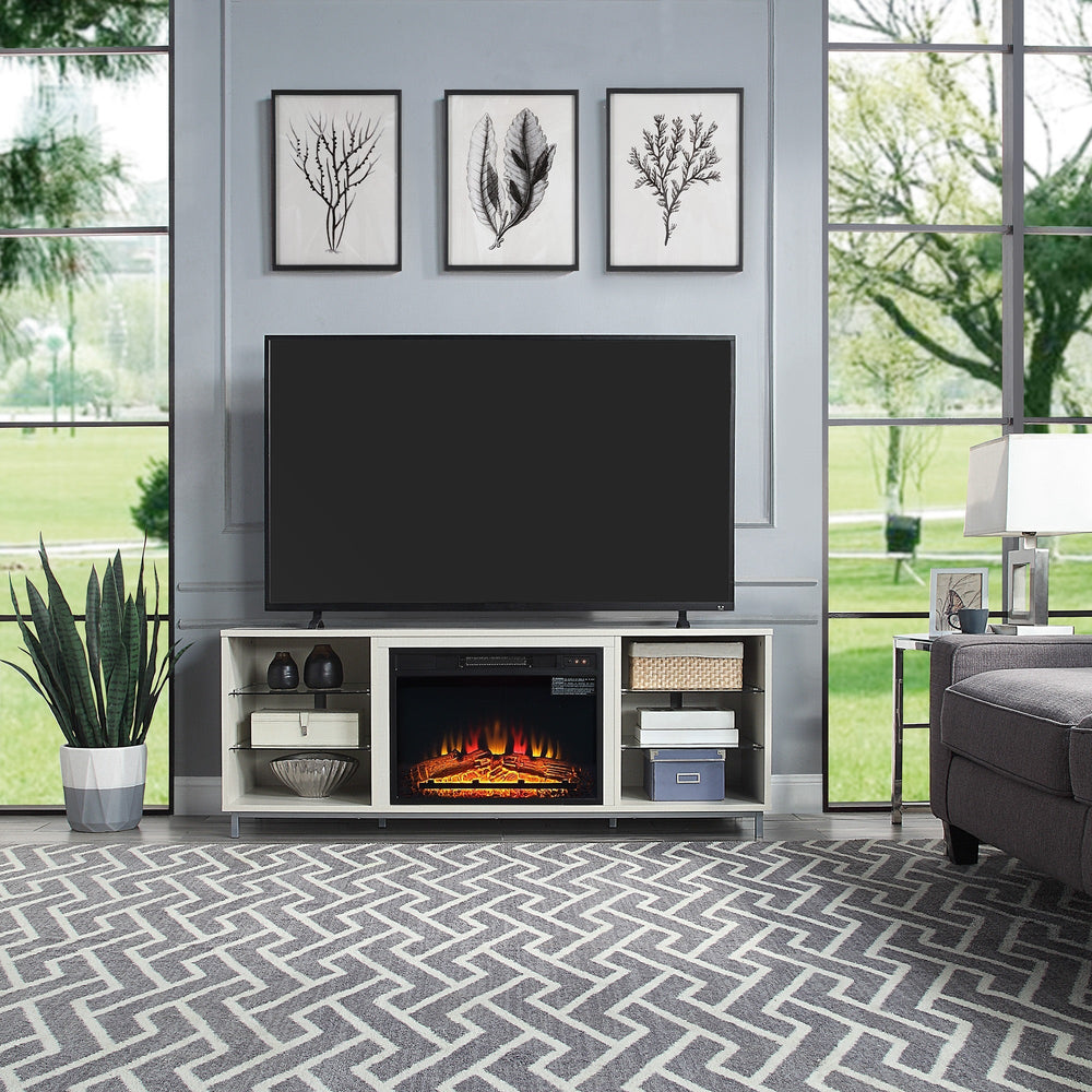 Firey Meuble TV/Foyer de 60 po avec étagères en verre - Beige lustré