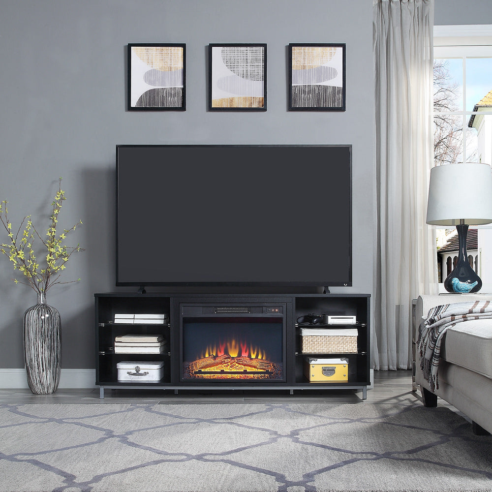 Firey 60" Meuble TV/Foyer avec étagères en verre - Noir lustré