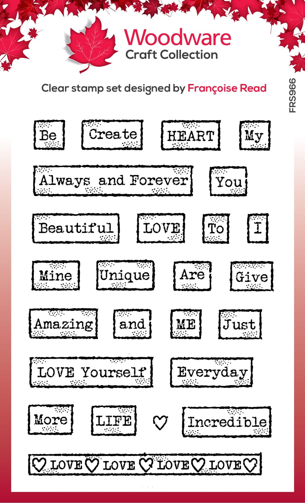 Woodware Clear Singles Love Tape Words 4 in x 6 in Stamp — Ecstasy Crafts