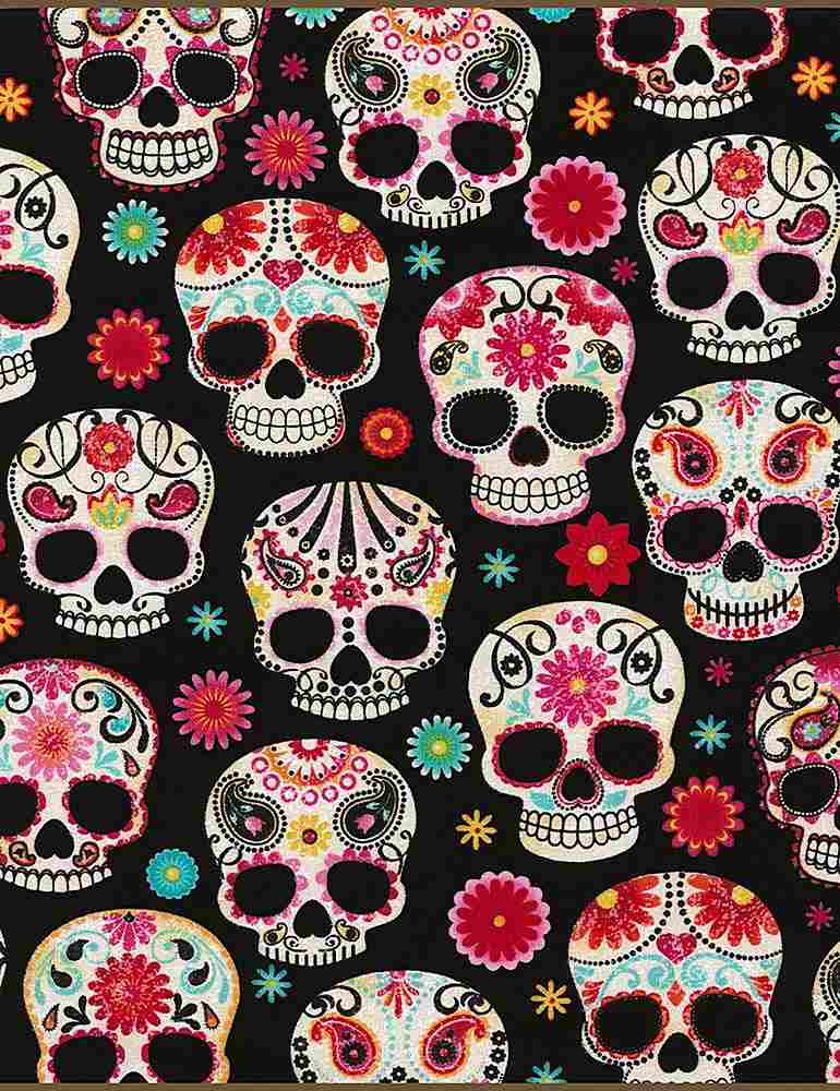 Timeless Treasures - Day of the Dead - Sugar Skulls - Black — Cottage Quilting Ltd.