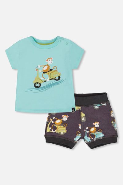 Ensemble deux pièces haut et short Singe sur vélomoteur marine et turquoise