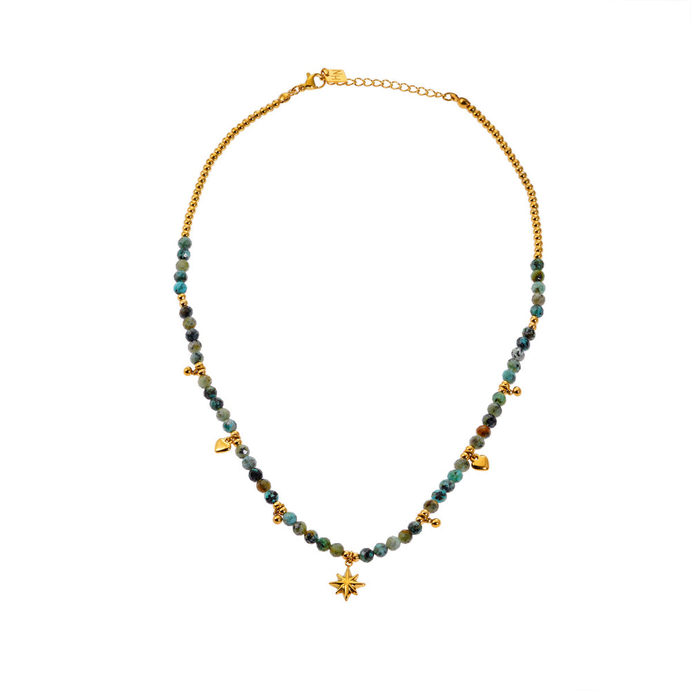 Style GITANJI : Collier à chaîne avec pierres turquoise bleue, perles et breloques dorées