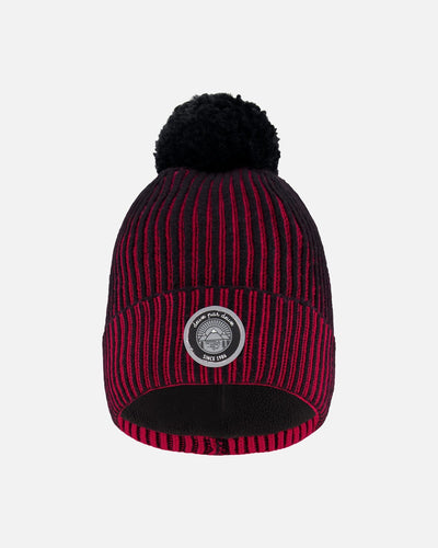 Bonnet tricoté doublé à pompon rouge et noir