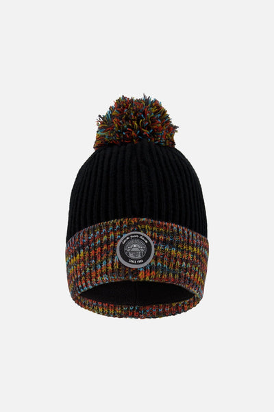 Bonnet d'hiver en maille doublé avec pompon noir et multicolore