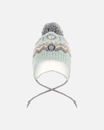 Bonnet Péruvien Tricoté Doublé à Pompon Gris et Sauge