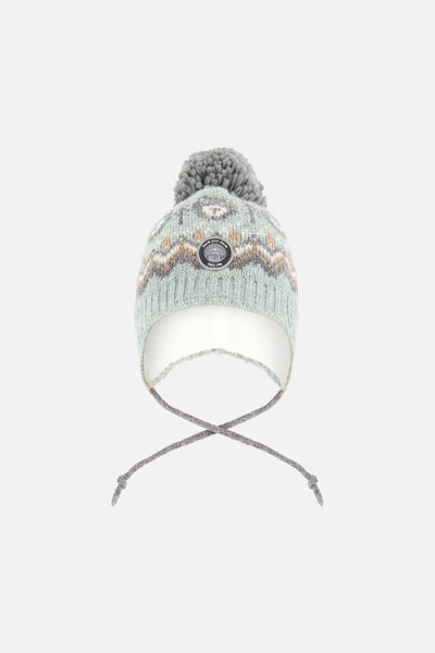 Bonnet Péruvien Tricoté Doublé à Pompon Gris et Sauge