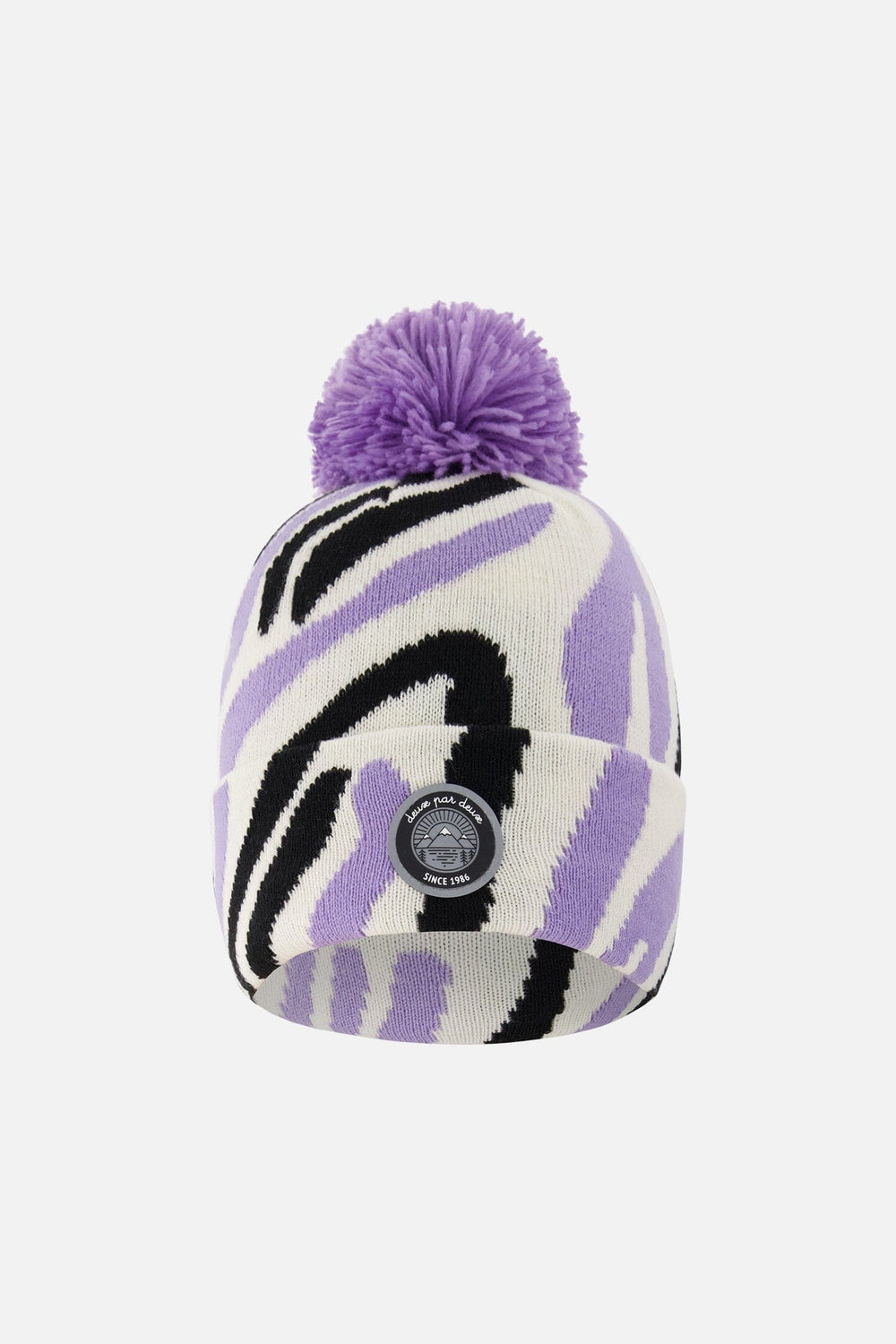 Bonnet tricot doublé à pompon noir, blanc et lilas