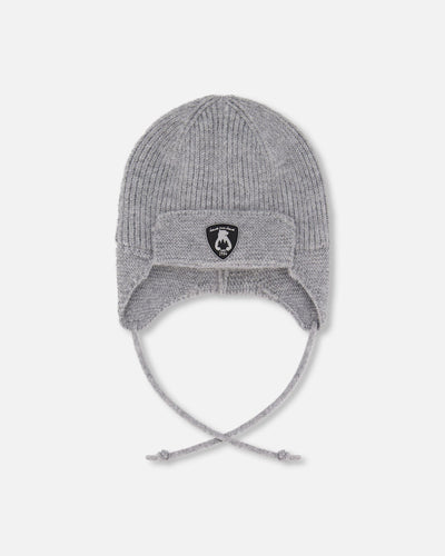 Bonnet tricoté doublé pour bébé avec oreilles et liens, gris chiné