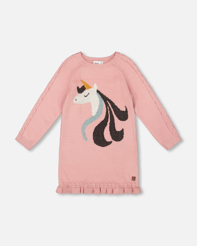 Robe en maille rose poudré avec intarsia licorne