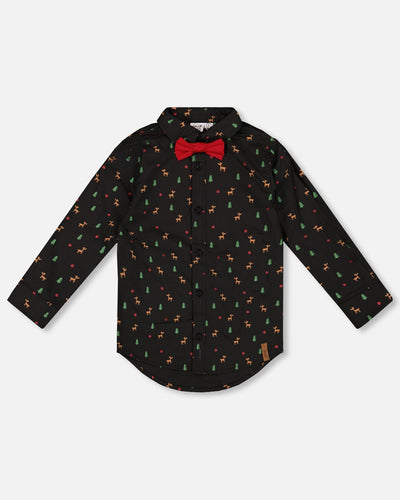 Chemise popeline imprimée noire et multicolore avec nœud papillon