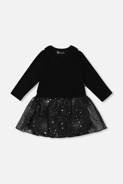 Bi-Material Dress With Glittering Skirt Black