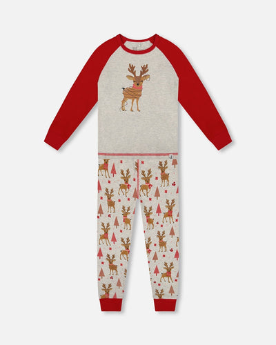 Pyjama deux pièces en coton biologique Imprimé rennes girly beige