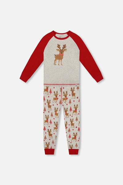 Pyjama deux pièces en coton biologique Imprimé rennes girly beige