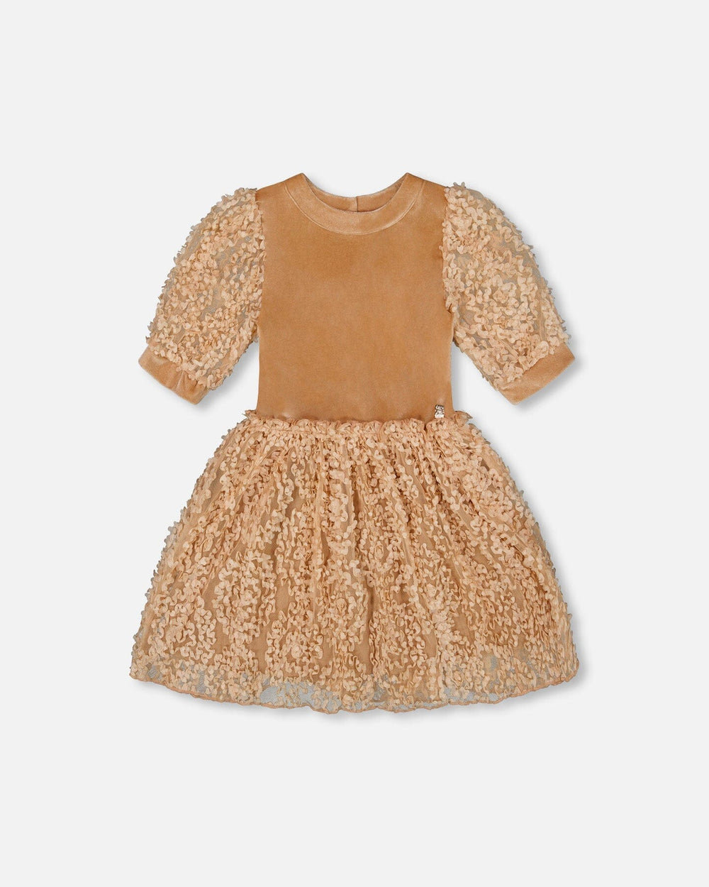 Puff Sleeve Bi-Material Velour And Lace Dress Light Caramel — Deux par Deux